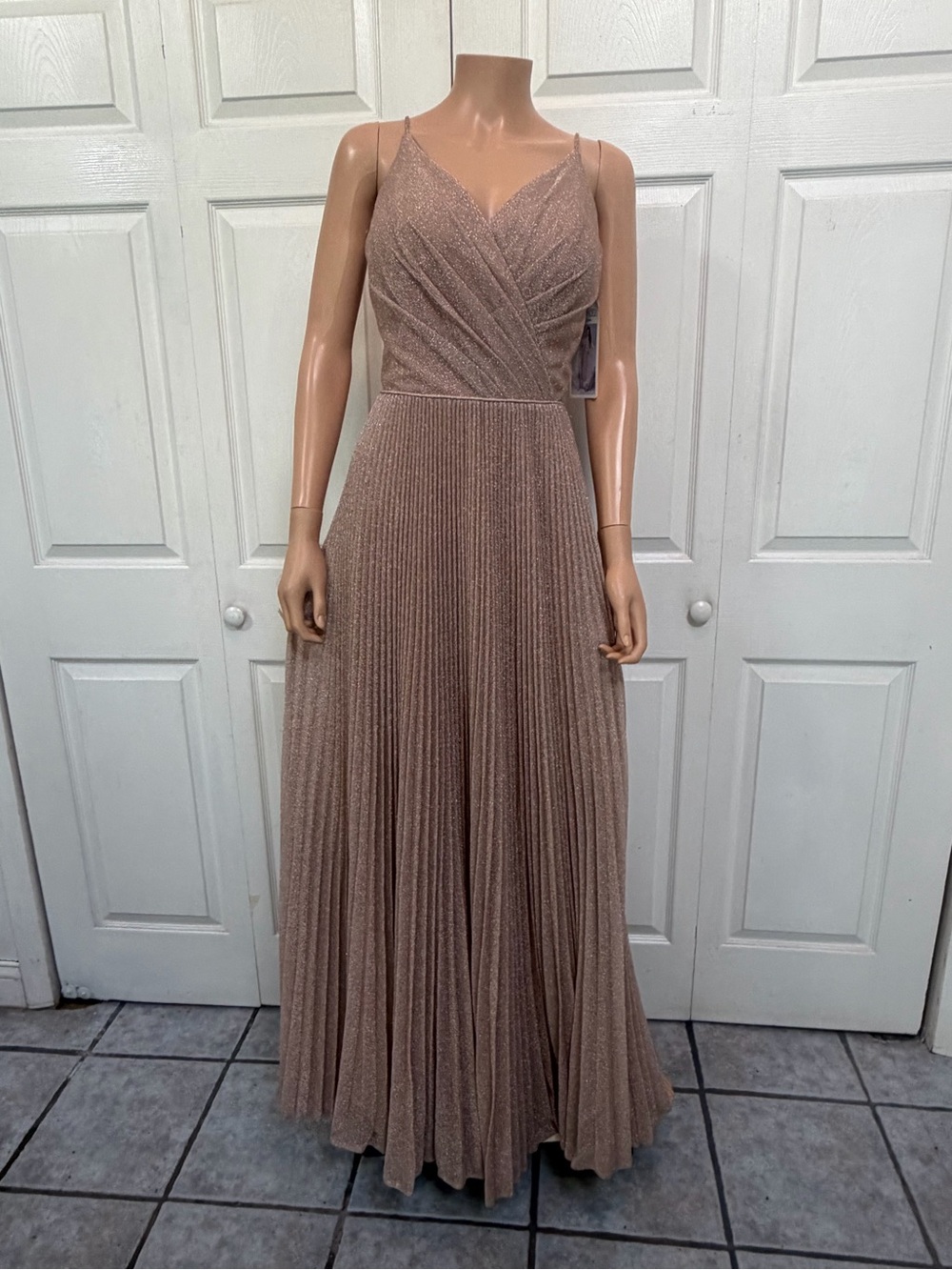 Christina Wu Shimmering Rose Gold Pleated V-Neck Maxi Dress